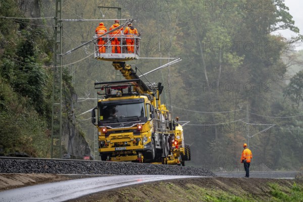 Reconstruction in the Ahr Valley, after the flood of July 2021, restoration of the railway infrastructure of the Ahr line, 29 km of tracks, 15 railway bridges, 7 were renovated, stations and stops renovated or renewed, 885 masts were built for the overhead line of the new electrification and 55 km of overhead lines were redrawn, here work on the railway bridge near Walportzheim, Ahrweiler, Rhineland-Palatinate