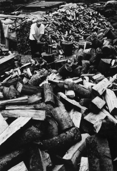 BIH, Bosnia, Tuzla, 05.10.2005, man chops firewood