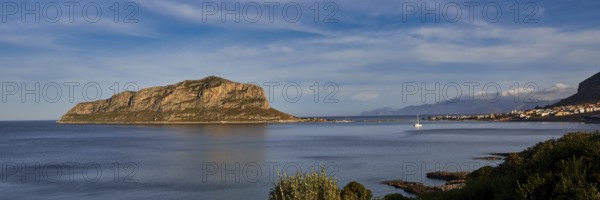 View of a large island in the sea under a clear blue sky, Monemvasia, Monemvassia, Malvasy, Byzantine small town, rocky island, fortress, Laconia, Peloponnese, peninsula, Greece