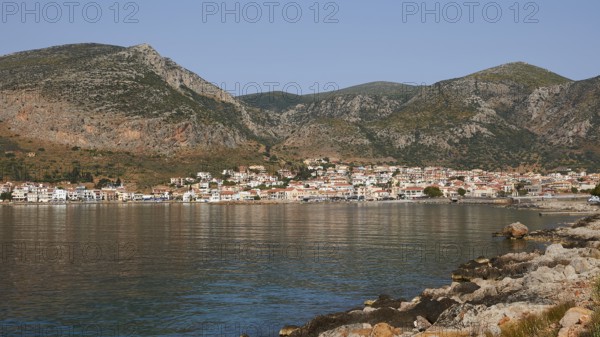 Small coastal town on a quiet sea, surrounded by mountains, Monemvasia, Monemvassia, Malvasy, Byzantine small town, rocky island, fortress, Laconia, Peloponnese, peninsula, Greece