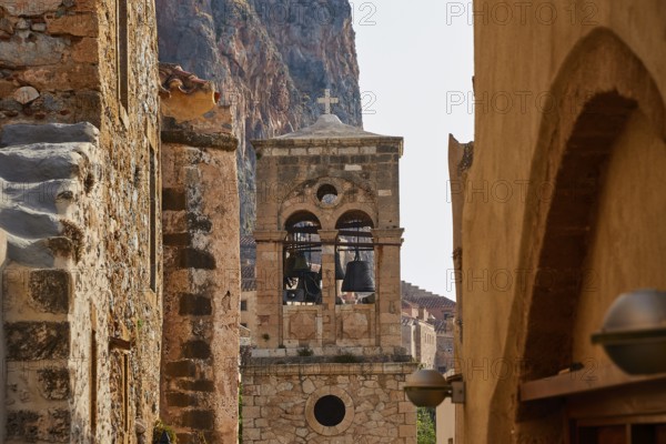 Holy Church of Christ in Chains, Elkomenos Christos, Historic Bell Tower with Crosses, Surrounded by Old Stone Buildings and Rocks, Monemvasia, Monemvassia, Malvasy, Small Byzantine Town, Rock Island, Fortress, Laconia, Peloponnese, Peninsula, Greece