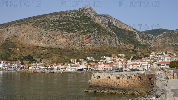 Small coastal town on a rocky coast surrounded by high mountains, Monemvasia, Monemvassia, Malvasy, Byzantine small town, rocky island, fortress, Laconia, Peloponnese, peninsula, Greece