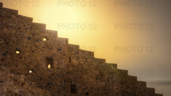 Abstract scene with stone stairs and warm sunset light, Monemvassia, Malvasy, Byzantine small town, rocky island, fortress, Laconia, Peloponnese, peninsula, Greece