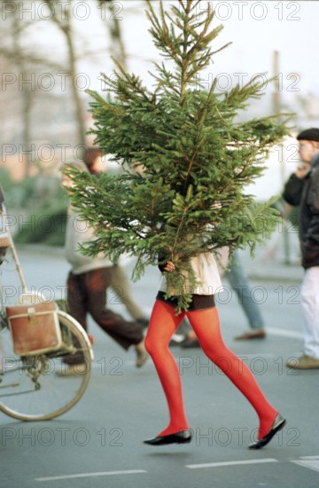 DEU, Frankfurt/Main, 12.12.1994 -- Christmas tree purchase in Frankfurt. -- A colorful long leg x-mastree hurries over a street in downtown Frankfurt. -- © Karsten Thielker