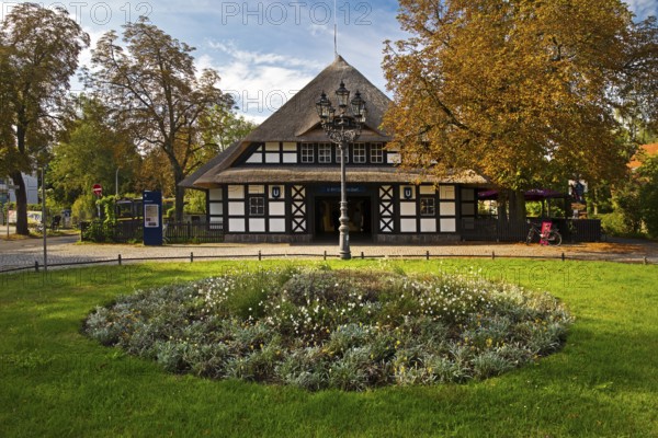 Entrance to Dahlem-Dorf subway station, thatched half-timbered house in the style of a North German manor house, Berlin-Dahlem, Berlin, Germany