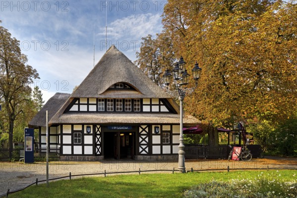 Entrance to Dahlem-Dorf subway station, thatched half-timbered house in the style of a North German manor house, Berlin-Dahlem, Berlin, Germany