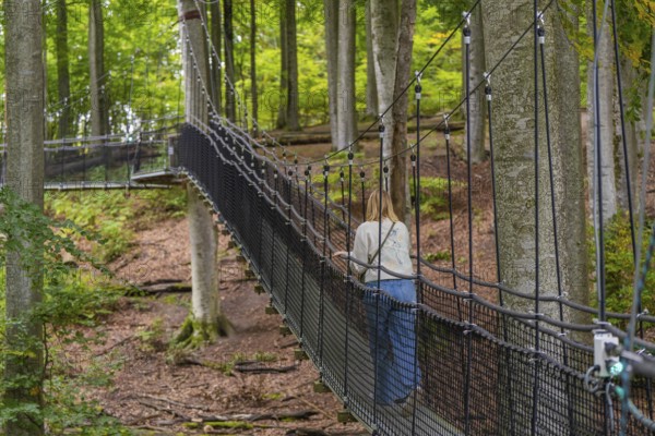 Woman walking alone on a rope bridge through the forest, Treewalk, Affenberg Salem, Bodenseekreis, Germany