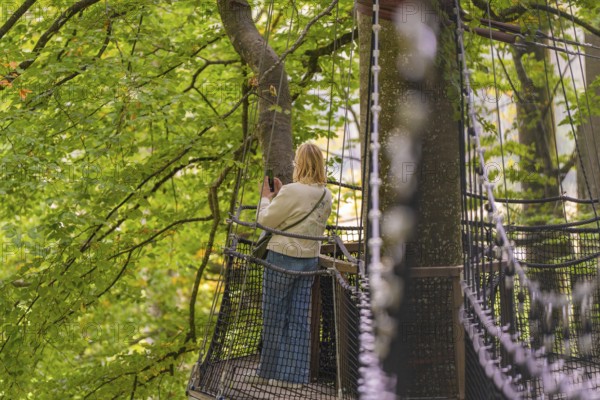 Woman standing on a platform in the treetops in the forest, Treewalk, Affenberg Salem, Bodenseekreis, Germany