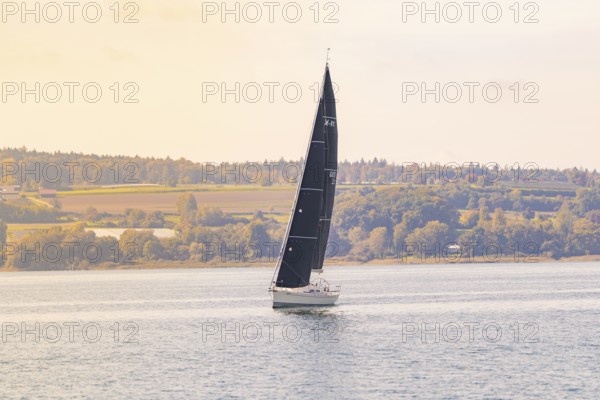Boat sails gently along the autumnal coast under a clear sky, boat trip, Lake Constance, Germany
