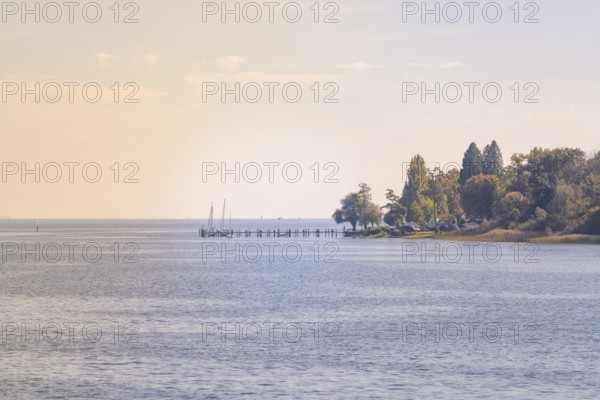 Panoramic view of a quiet lake with autumnal shore, boat trip, Lake Constance, Germany