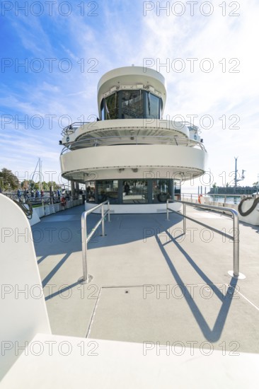 Modern ship on a sunny deck with clear sky and clouds, boat trip, Lake Constance, Germany