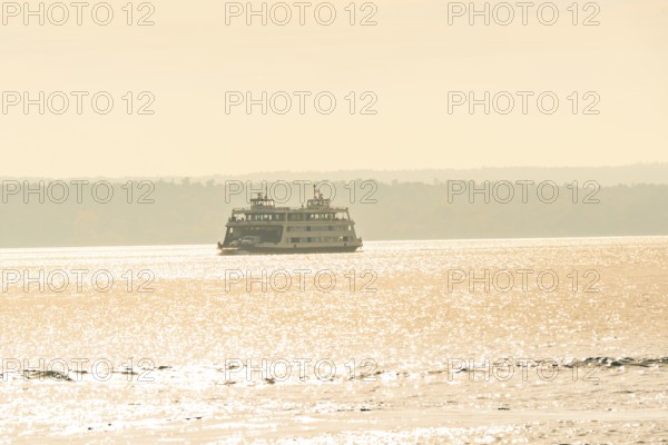 Ship sails across a calm lake in sparkling sunlight, boat trip, Lake Constance, Germany