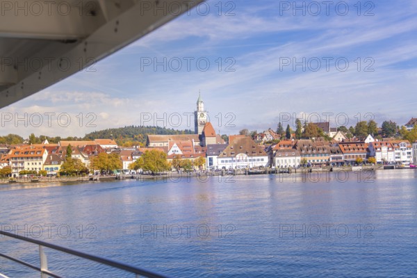Panorama of a picturesque coastal town in sunny weather, boat trip, Lake Constance, Germany