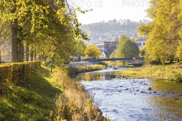 River in an autumn cityscape with bridge, Nagold, Black Forest, Germany