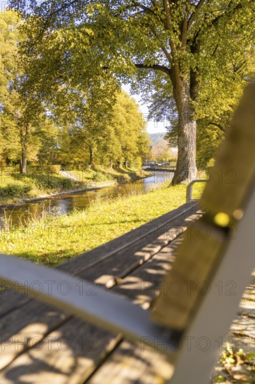 Wooden bench overlooking a river in an autumn park, sunbeams through the trees, Nagold, Black Forest, Germany