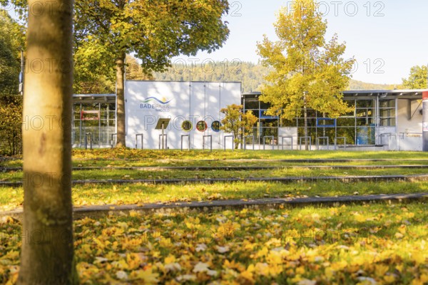 Public building in an autumn park with leaves, Nagold, Black Forest, Germany