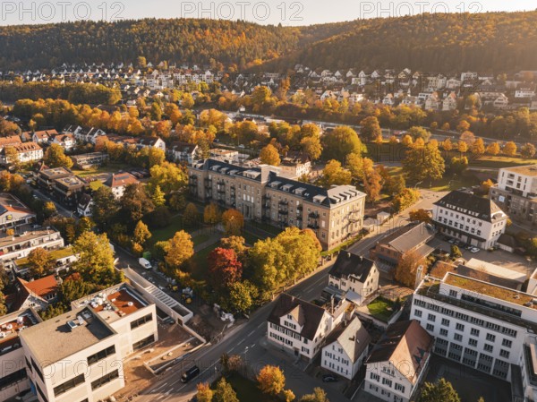 The city is surrounded by an autumnal landscape with colorful trees and sunny hills, Nagold, Black Forest, Germany