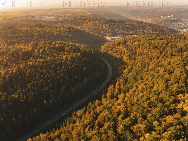 Autumn forest with a road and view of a city, surrounded by rolling hills, Nagold, Black Forest, Germany