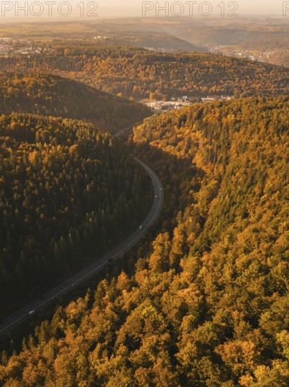 A deep gorge with thick tree vegetation in autumn and a road that snakes through it, Nagold, Black Forest, Germany