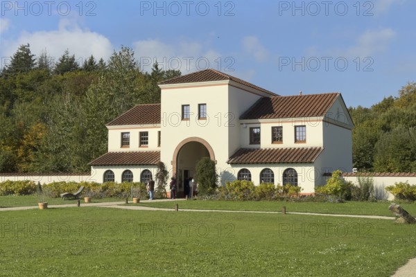 View of the site of the archaeological open-air museum on the main gate main entrance of the Roman Villa Borg Archaeological Park, Perl, Saarland, Germany