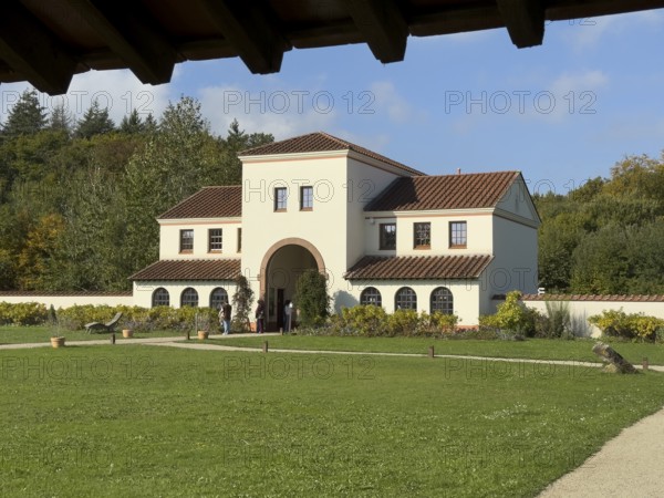 View of the site of the archaeological open-air museum on the main gate main entrance of the Roman Villa Borg Archaeological Park, Perl, Saarland, Germany