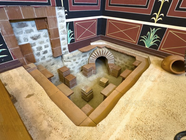 Reconstructed visible substructure of hypocaustum exposed for display purposes ancient Roman floor heating as in ancient Roman times, Roman Villa Borg Archaeological Park, Perl, Saarland, Germany