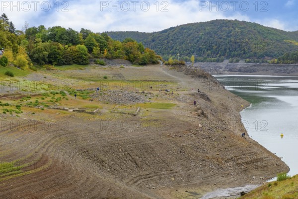 Historic ruins exposed at extremely low water level in Edersee reservoir foundations of demolished houses at former village site Berich Alt-Berich, popularly Edersee-Atlantis, municipality of Edertal, district of Waldeck-Frankenberg, Hesse, Germany