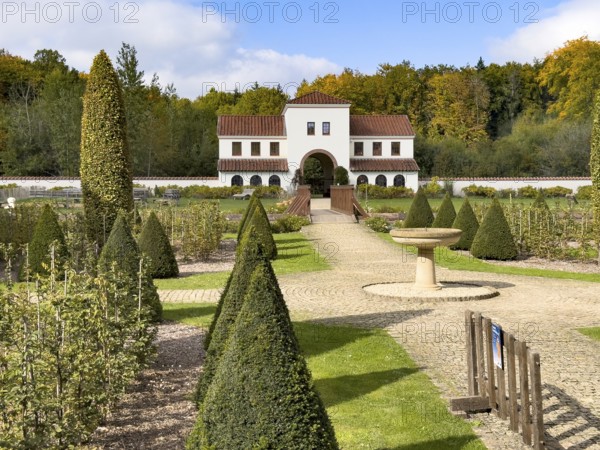 View of the site of the archaeological open-air museum on the main gate main entrance of the Roman Villa Borg Archaeological Park, Perl, Saarland, Germany