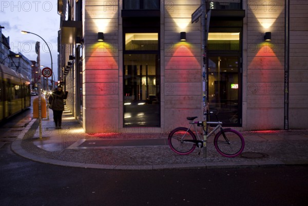DEU Germany Berlin A bicycle with pink tires is on the corner of Rosenthaler Straße in Berlin Mitte. Germany Berlin Rosenthaler street in Berlin-Mitte