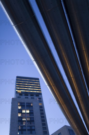 DEU Germany Berlin Exterior view of the new Waldorf Astoria hotel building in Berlin's City West at the zoo window. In the foreground, supply line for another construction site. Germany Berlin Then Waldorf Astoria Hotel in Berlin's City West