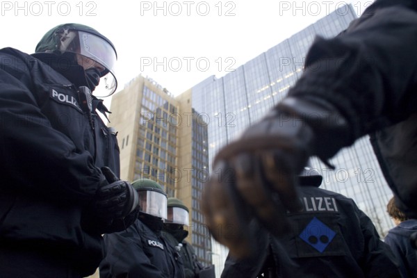 GERMANY Police close Rudi-Dutschke-Straße in front of the Springer Hochaus during the May 1st rally. Germany Berlin Police Blocks a Street in Front of the Springer Headquarters During the May Day Protest