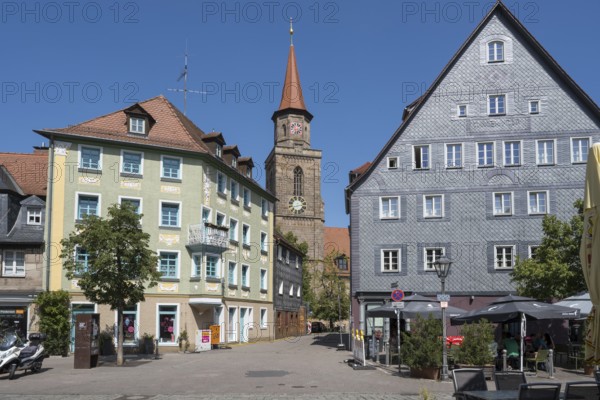 Historic buildings on the market square, St. Michael Church, Old Town, Fürth, Middle Franconia, Franconia, Bavaria, Germany