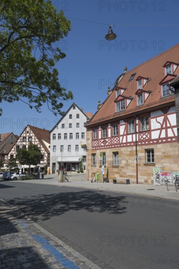 Historic buildings in the old town, half-timbered buildings, Grüner Markt, Fürth, Middle Franconia, Bavaria, Germany