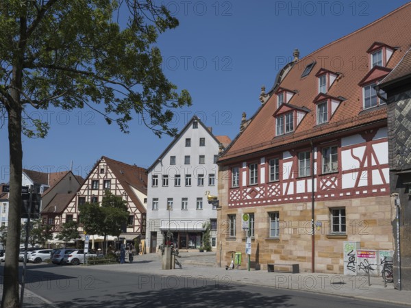 Historic buildings in the old town, half-timbered buildings, Grüner Markt, Fürth, Middle Franconia, Bavaria, Germany