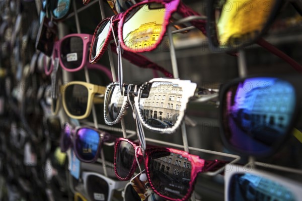DEU Germany Germany Berlin Sunglasses display on Oranienstraße Altbau is reflected in eyeglass lenses