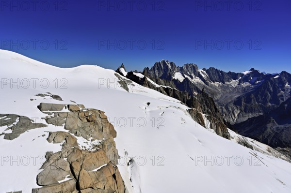 View of the Aiguille Vert mountains, Les Droites, Les Courtes, Aiguille du Midi mountain station, Chamonix-Mont-Blanc, Haute-Savoie, France