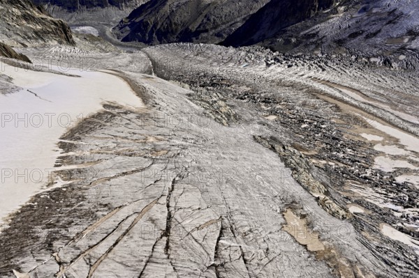 View from the Télécabine Panorama Railway of the glacial crevices of the Glacier du Géant, Chamonix-Mont-Blanc, Haute-Savoie, France