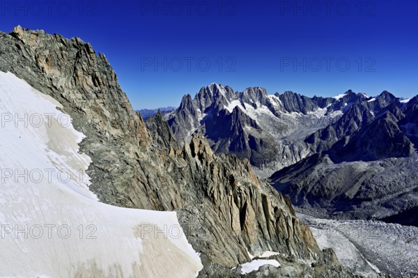 View from the Télécabine Panorama Mont-Blanc of the mountains Aiguille Vert, Les Droites, Les Courtes, in the foreground the Glacier du Géant, Chamonix-Mont-Blanc, Haute-Savoie, France