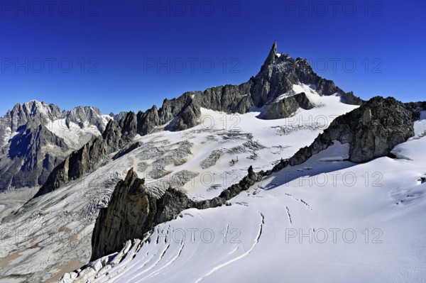 View of the Glacier du Géant from the Télécabine Panorama Railway, behind the Dente del Gigante, Chamonix-Mont-Blanc, Haute-Savoie, France