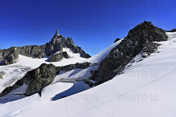 View of the Glacier du Géant from the Télécabine Panorama Railway, behind the Dente del Gigante, Chamonix-Mont-Blanc, Haute-Savoie, France