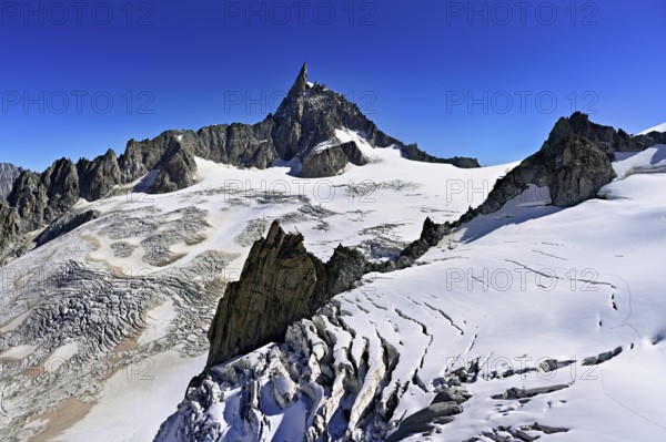 View of the Glacier du Géant from the Télécabine Panorama Railway, behind the Dente del Gigante, Chamonix-Mont-Blanc, Haute-Savoie, France