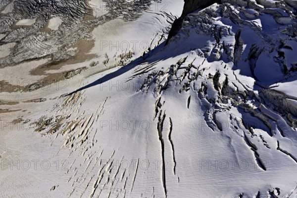 View from the Télécabine Panorama Railway of the glacial crevices of the Glacier du Géant, Chamonix-Mont-Blanc, Haute-Savoie, France