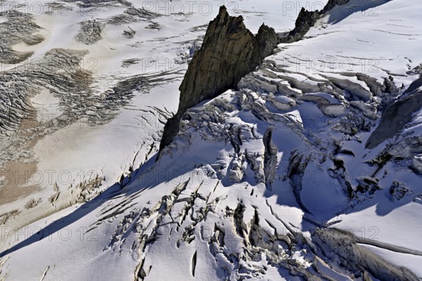 View from the Télécabine Panorama Railway of the glacial crevices of the Glacier du Géant, Chamonix-Mont-Blanc, Haute-Savoie, France