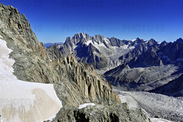View from the Télécabine Panorama Mont-Blanc of the mountains Aiguille Vert, Les Droites, Les Courtes, in the foreground the Glacier du Géant, Chamonix-Mont-Blanc, Haute-Savoie, France