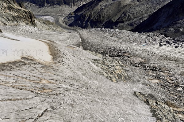 View from the Télécabine Panorama Railway of the glacial crevices of the Glacier du Géant, Chamonix-Mont-Blanc, Haute-Savoie, France
