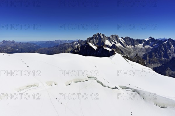 View of the Aiguille Vert mountains, Les Droites, Les Courtes, Aiguille du Midi mountain station, Chamonix-Mont-Blanc, Haute-Savoie, France