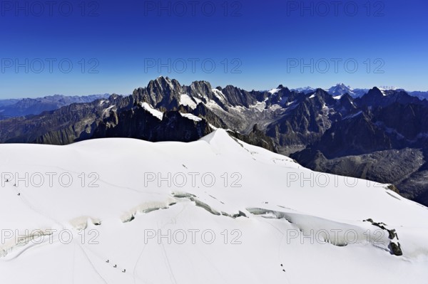 View of the Aiguille Vert mountains, Les Droites, Les Courtes, Aiguille du Midi mountain station, Chamonix-Mont-Blanc, Haute-Savoie, France