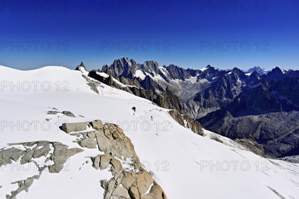 View of the Aiguille Vert mountains, Les Droites, Les Courtes, Aiguille du Midi mountain station, Chamonix-Mont-Blanc, Haute-Savoie, France
