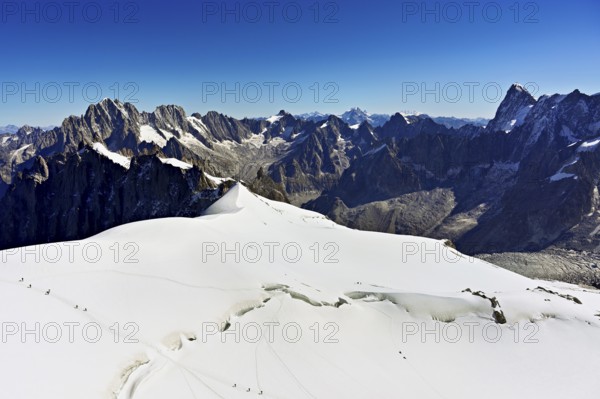View of the mountains Aiguille Vert, Les Droites, Les Courtes, Grandes Jorasses, Aiguille du Midi mountain station, Chamonix-Mont-Blanc, Haute-Savoie, France