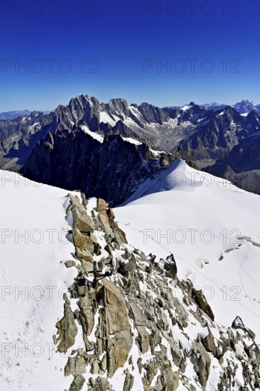 View from the Aiguille du Midi mountain station observation deck of the mountains Aiguille Vert, Les Droites, Les Courtes, Chamonix-Mont-Blanc, Haute-Savoie, France